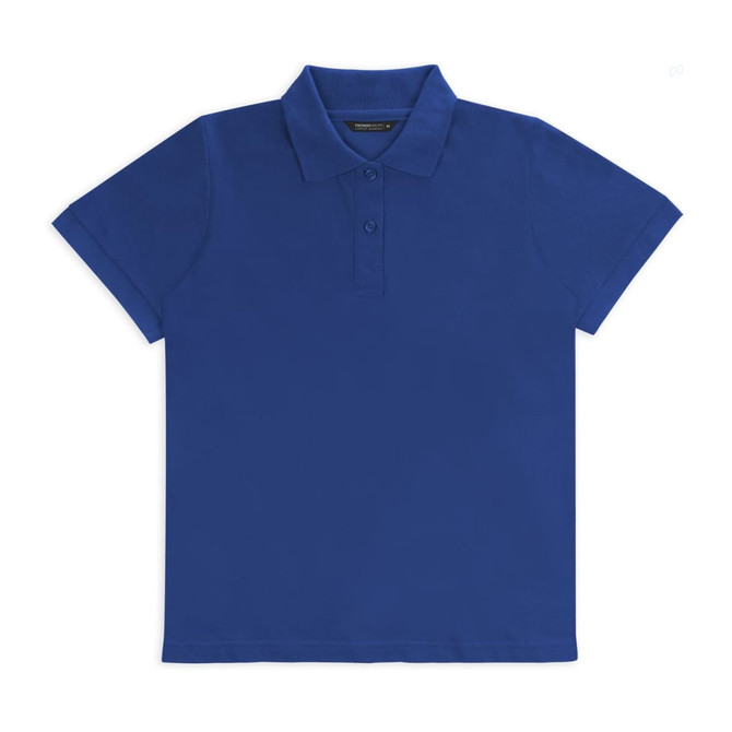 A blue polo shirt with a collar and three buttons, featuring a logo on the chest.
