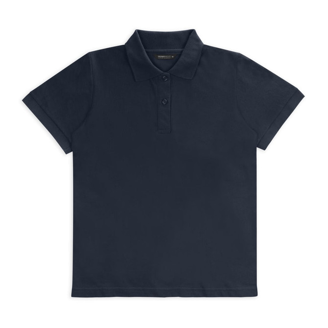 A navy blue women's polo shirt with a collar and three buttons, featuring a logo on the chest.