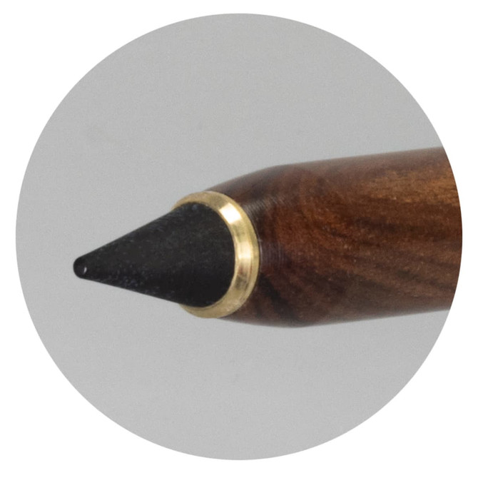 A close-up of a metallic pen with a wooden finish and black tip, featuring a gold ring. It has a logo.
