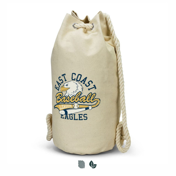 A beige canvas barrel bag with a drawstring closure and an attached rope handle, featuring a logo.