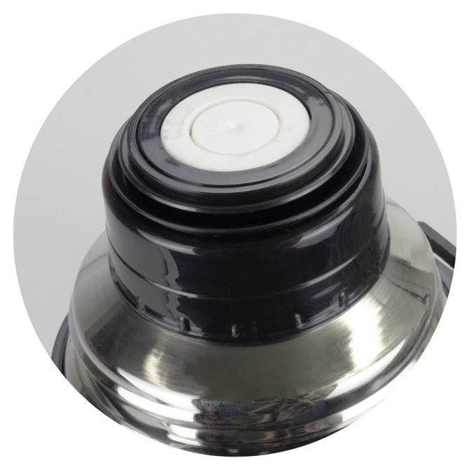 A drink bottle featuring a stainless steel body with a black plastic cap and a logo on the surface.