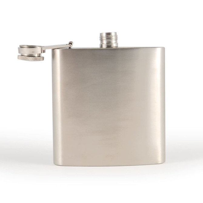 A stainless steel hip flask with a brushed finish and a screw-top lid. It features a logo.