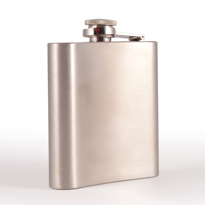 A stainless steel hip flask with a brushed finish and a screw-top lid, featuring a logo.