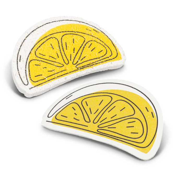 A pair of expandable sponges shaped like lemon slices, featuring yellow and white colours with black outlines.
