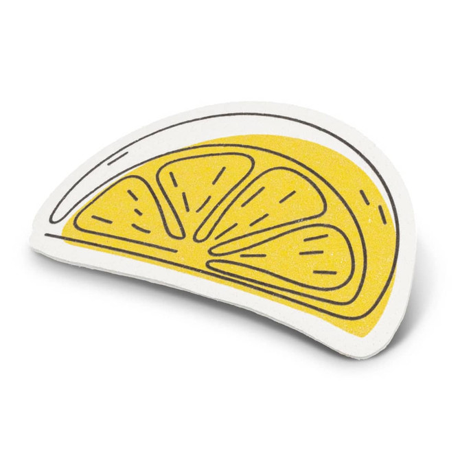 A yellow expandable sponge shaped like a lemon slice, featuring black line detailing and a white background.