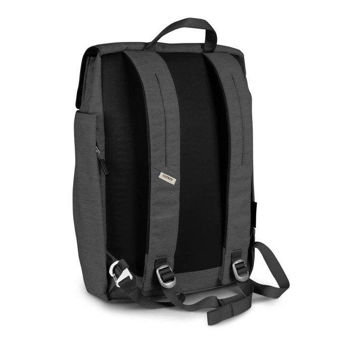 A grey Osprey Arcane Flap Backpack with adjustable straps and a sleek design. It features a logo on the side.