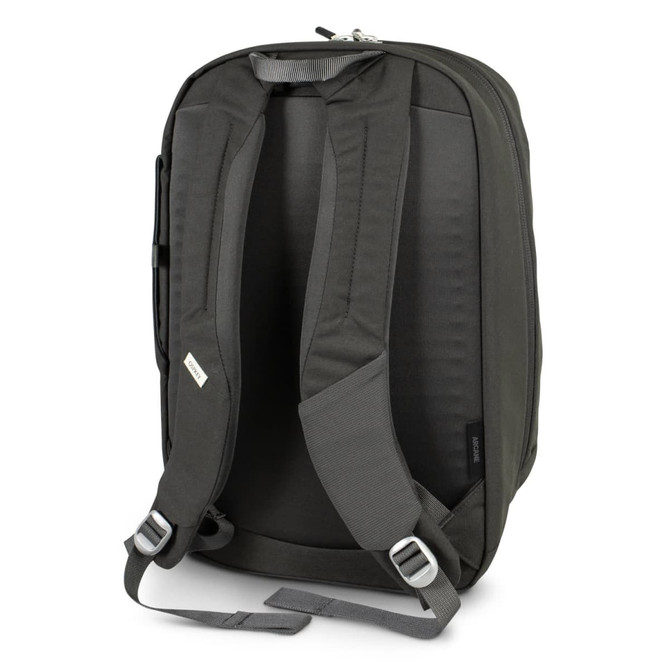A grey backpack with padded straps, featuring a sleek design and a small logo on the side.