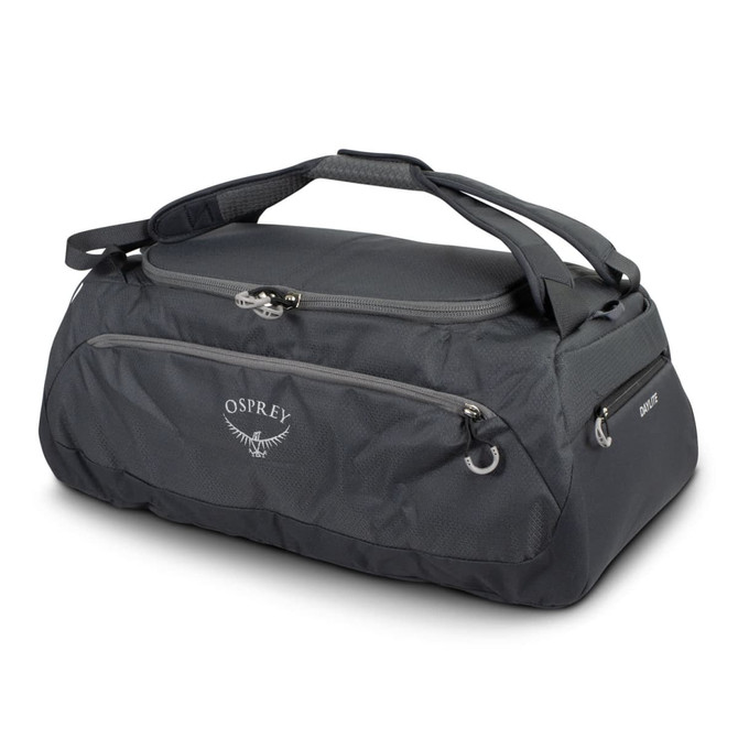 A dark grey duffle bag with a logo and dual handles, featuring a front zippered pocket.
