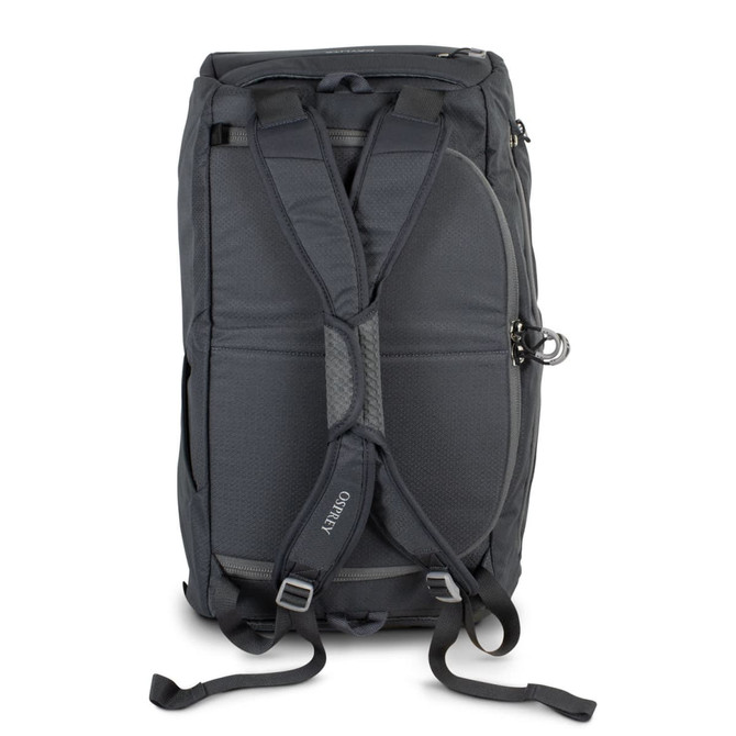 A dark grey duffle bag with adjustable straps and a logo, featuring a zippered opening and padded back panel.