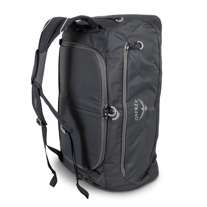 A grey Osprey Daylite Duffle Bag with shoulder straps and multiple zippered compartments. It features a logo.