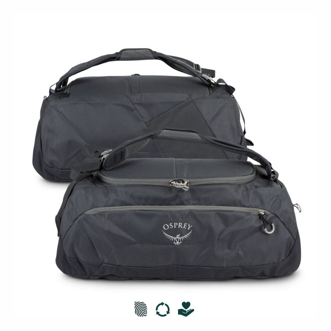 A black Osprey Daylite duffle bag, featuring multiple compartments and an adjustable shoulder strap, with a logo visible.