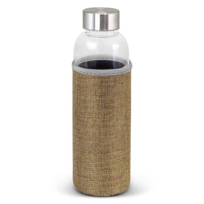 A drink bottle made of glass, featuring a natural coloured sleeve and a silver cap. The image has a logo.