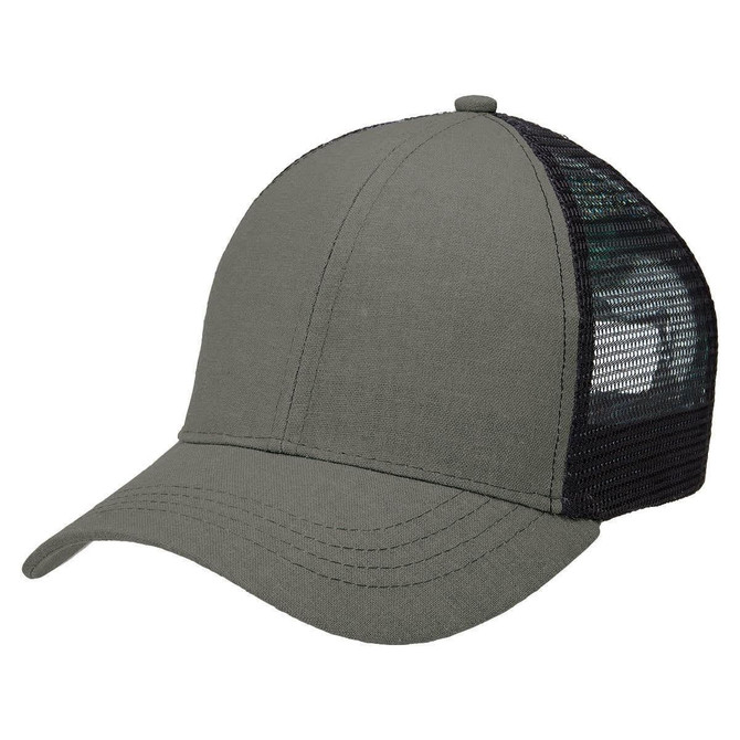 A grey hemp trucker cap with a mesh back and a rounded crown, featuring a logo on the front.