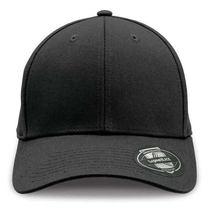 A black cap with a curved brim and a logo on the side. The fabric appears smooth and durable.