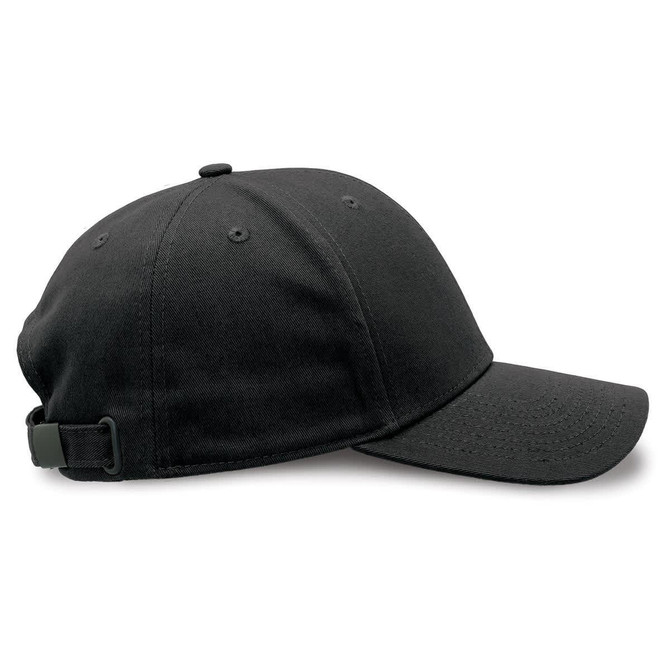 A black cap with a curved peak and adjustable strap at the back, featuring a branding logo.