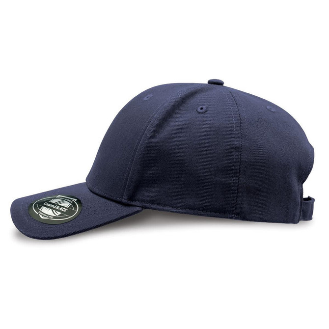 A navy cap with a curved brim and an adjustable strap at the back, featuring a logo on the side.