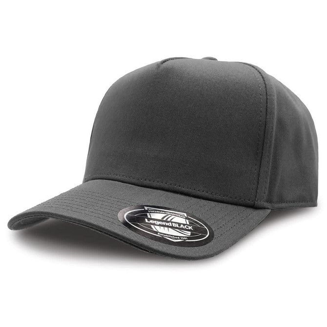 A grey A Frame Snap Back Cap featuring a curved peak and a logo sticker on the side.