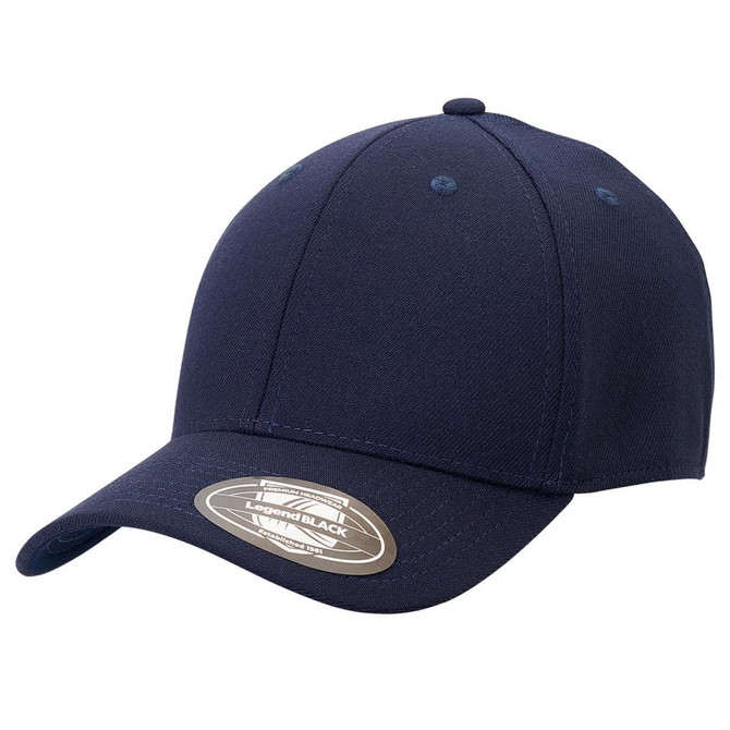 A navy blue fitted cap with a curved brim and a logo on the side.