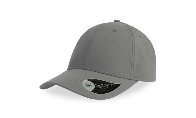 A grey cap with a curved visor and a logo. It features a structured design for a comfortable fit.