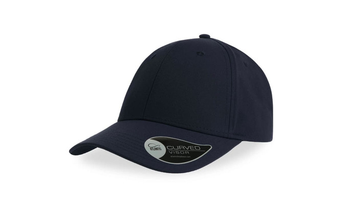 A navy blue cap featuring a curved visor and a logo on the side.