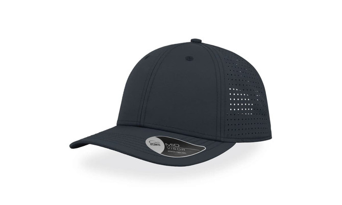 A black cap with a mid visor, featuring mesh detailing and a branded tag on the side.