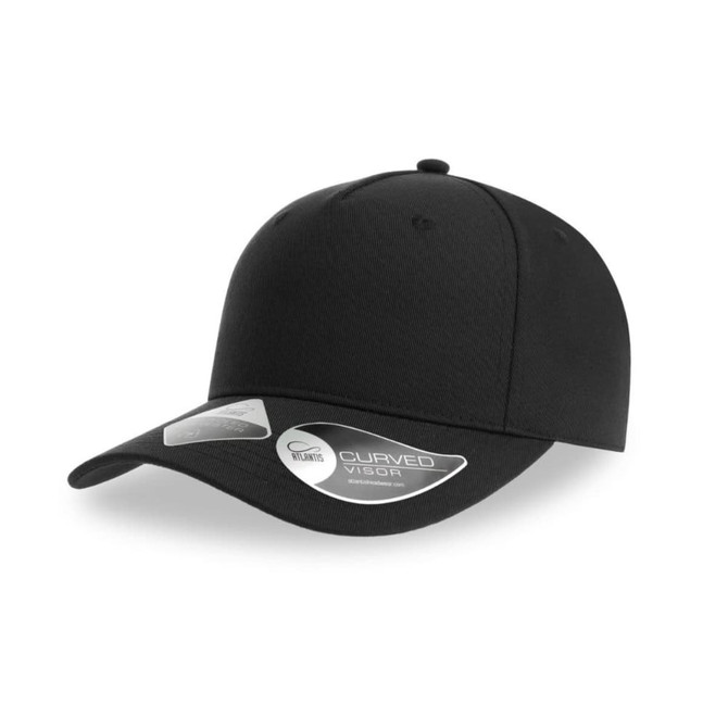 A black cap with a curved visor and a logo, designed for headwear.