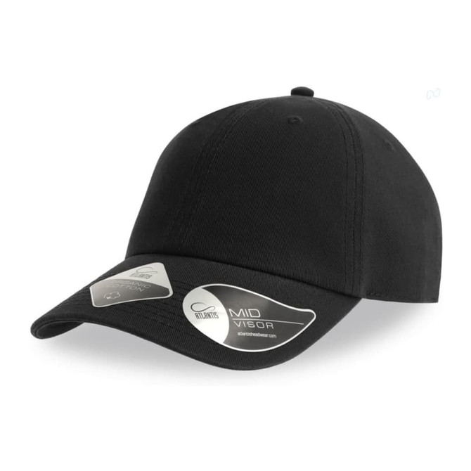 A black cap with a mid visor and a logo on the front.