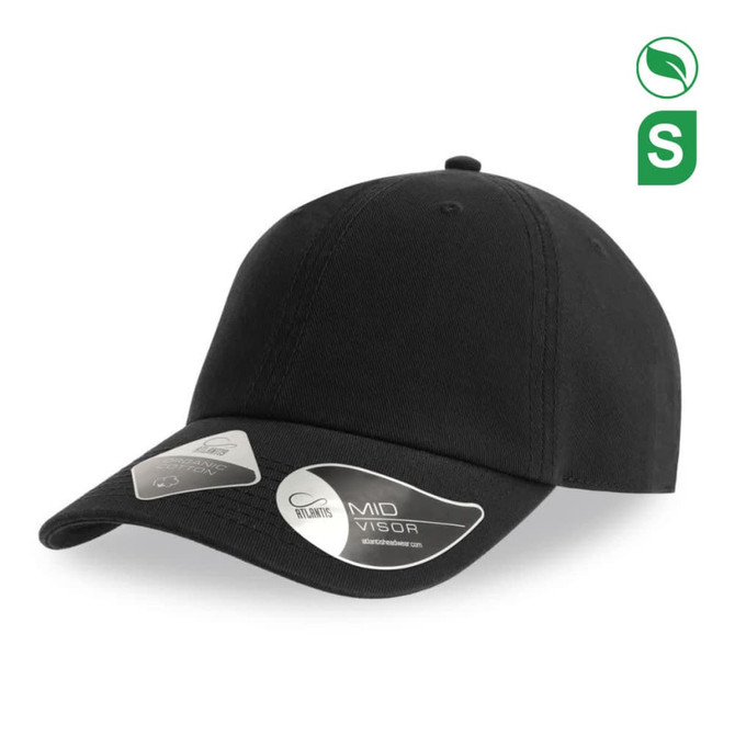 A black organic cotton cap with a mid visor and a logo. It features a classic design suitable for casual wear.