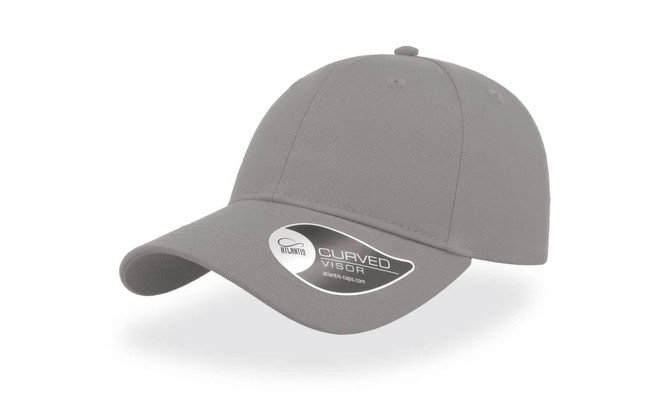 A grey cap with a curved visor, featuring a logo on the side.