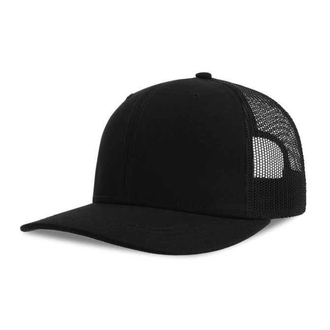 A black trucker cap featuring a mesh back and a solid front panel, with a logo on the front.