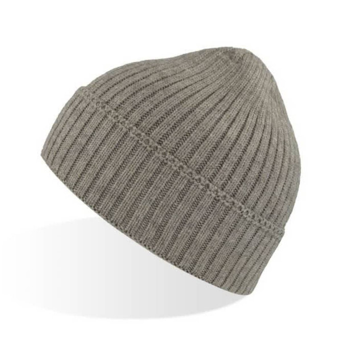 A grey ribbed beanie with a snug fit, featuring a logo on the side. Suitable for headwear collections.