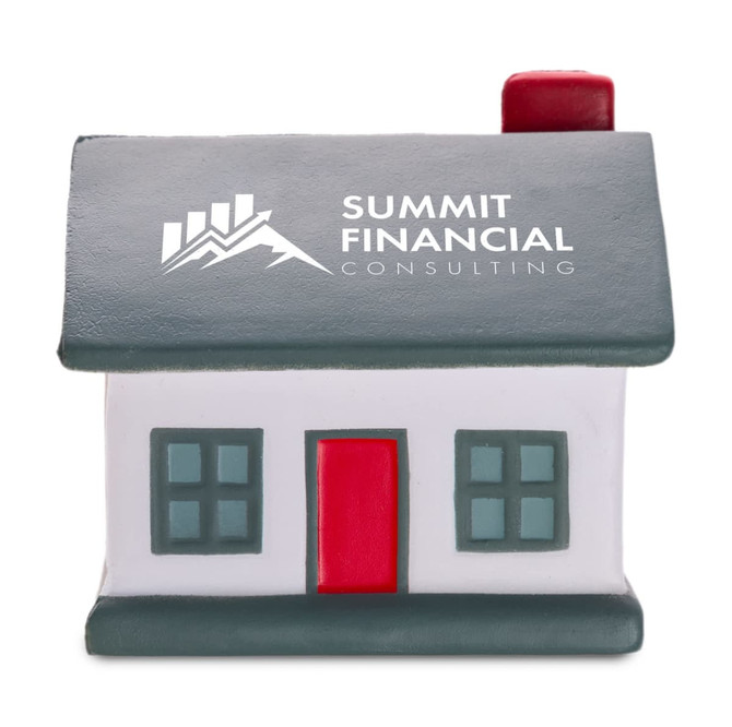 A stress reliever shaped like a house, featuring a grey roof, white walls, red door, and a logo on the front.