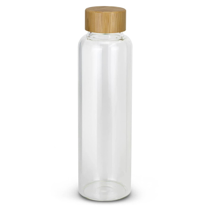 A drink bottle made of clear glass with a natural bamboo lid. The design is minimalist and elegant.