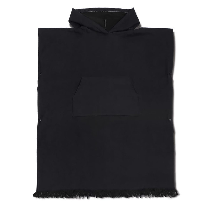 A black hooded towel featuring a front pocket and fringe detail. It has a simple design and a soft texture.
