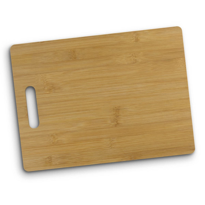 A bamboo rectangle chopping board with a handle, showcasing a light brown wooden texture.