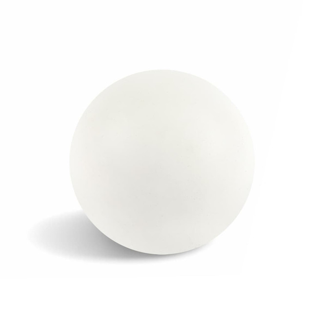 A white ball with a smooth surface and a slight shadow, featuring a branding logo.