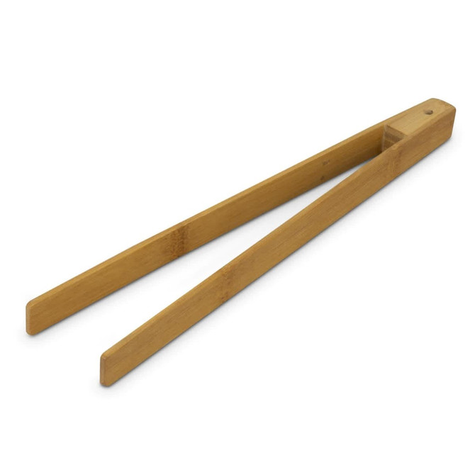 Bamboo serving tongs in a natural finish, featuring a simple design and a small hole at the handle for hanging.