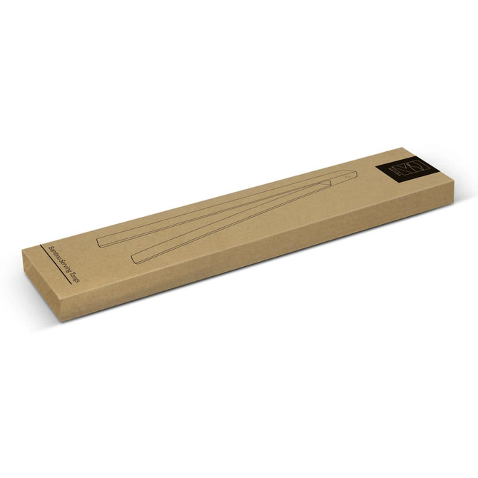 Bamboo serving tongs packaged in a rectangular brown box, featuring a minimalist design and a logo.