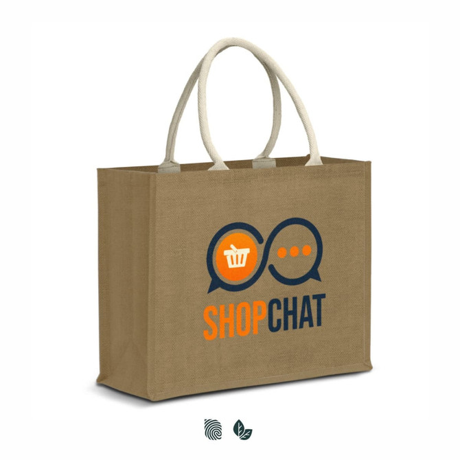 A jute tote bag in brown with light handles, featuring a logo and graphic elements in orange and navy blue.