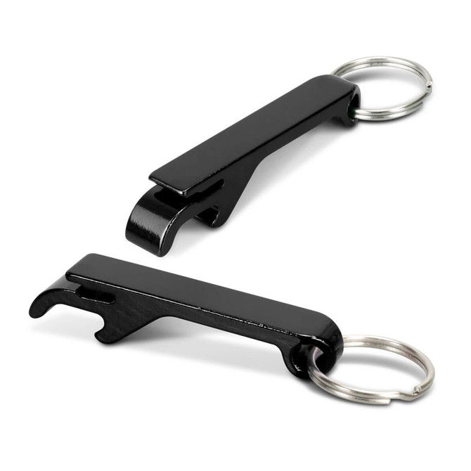 A drink bottle opener key ring in sleek black metal with a key ring attachment. Features a simple, functional design.