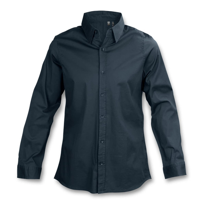 A dark green women's button-up poplin shirt with a collared neckline and long sleeves. Features a logo on the chest.