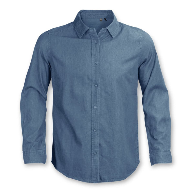 A blue denim button-up shirt with long sleeves and a collar, featuring a logo.