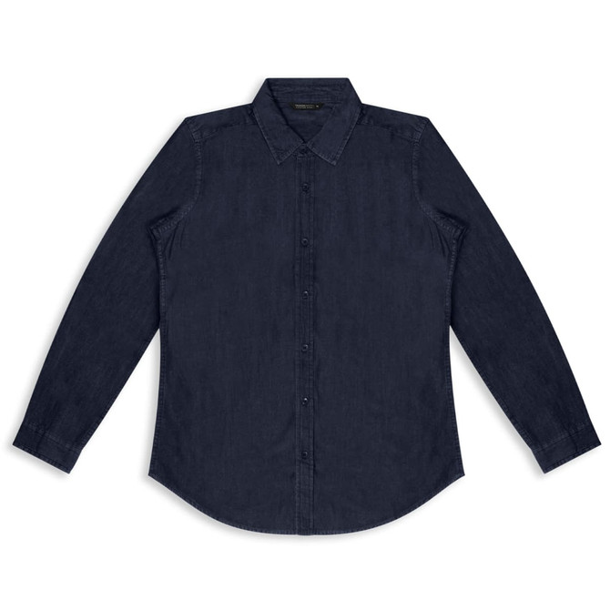A navy blue denim button-up shirt with long sleeves and a classic collar, featuring a logo.