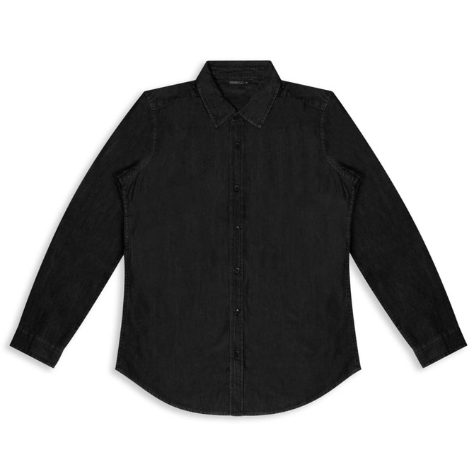 A black denim button-up shirt with long sleeves and a collar. It features a logo on the fabric.