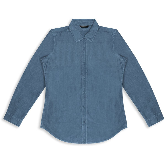 A women's denim button-up shirt in a light blue shade with long sleeves and a collar. It features a logo.