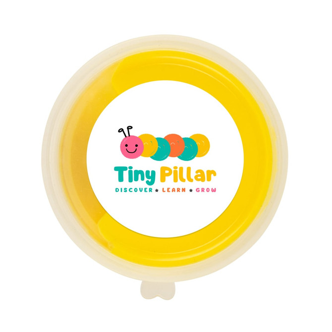 A container of yellow putty with a circular design featuring a colourful caterpillar image and branding.