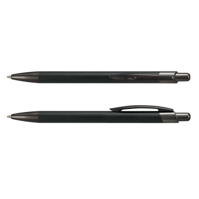 A metal pen in black and silver with a clip and a smooth barrel design. The image includes branding.