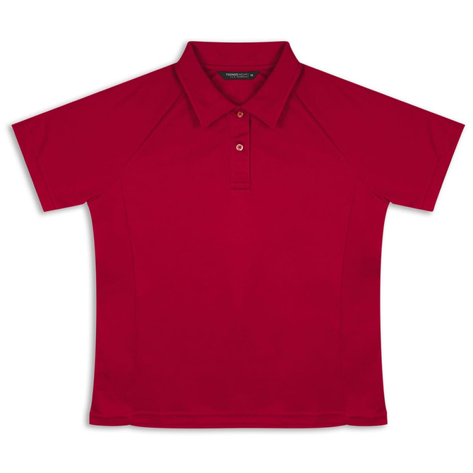 A red women's polo shirt features a collar and buttons, with a logo displayed on the chest area.