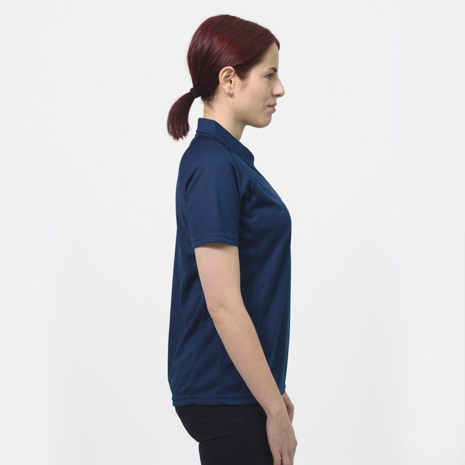 A navy women's polo shirt with a collar, featuring a side view of the garment on a model.