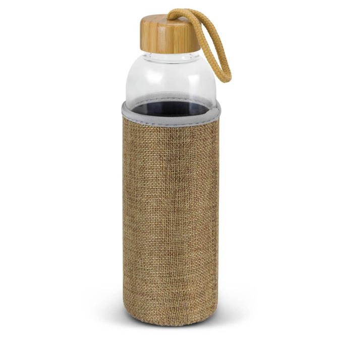 A drink bottle featuring a clear glass body, natural sleeve, and a wooden lid, with a matching top handle.